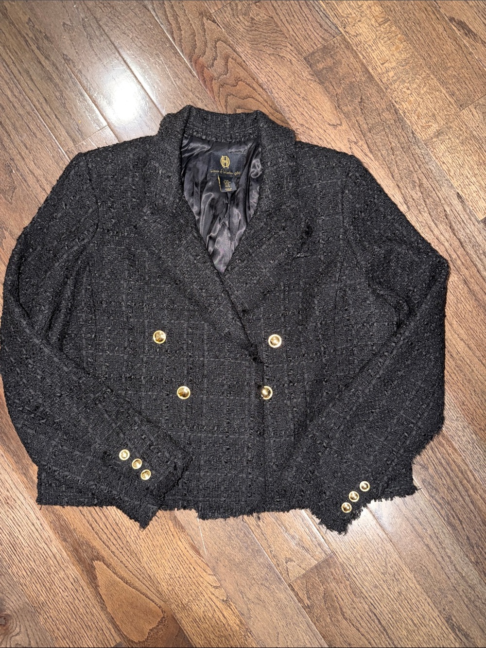 House of Harlow 1960 Black Wool Blend Tweed Double Breasted Gold Button Blazer